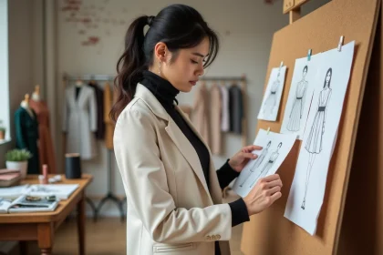 Styliste femme examinant des croquis de mode dans un atelier de couture professionnel