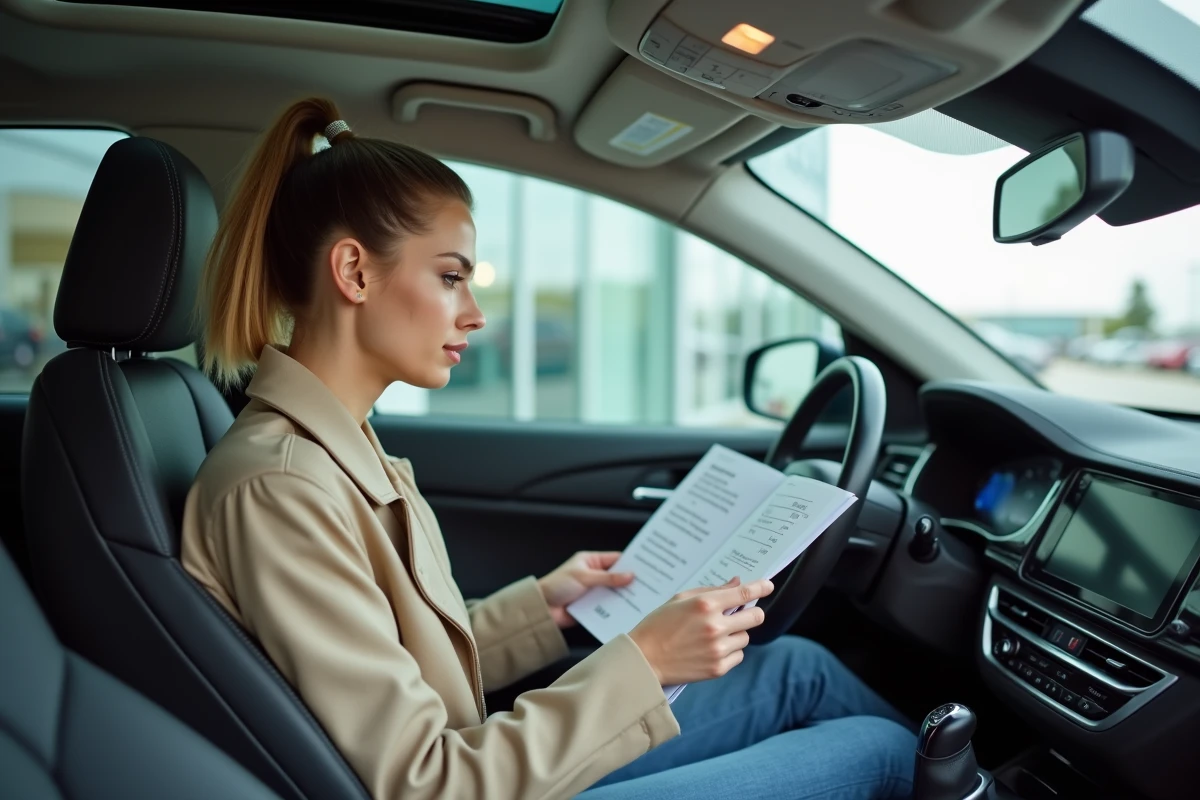Femme consultant une brochure de prix dans l'habitacle d'une voiture neuve chez un concessionnaire