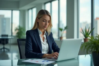 Femme d'affaires analysant des graphiques financiers dans un bureau moderne pour identifier les domaines les plus rentables