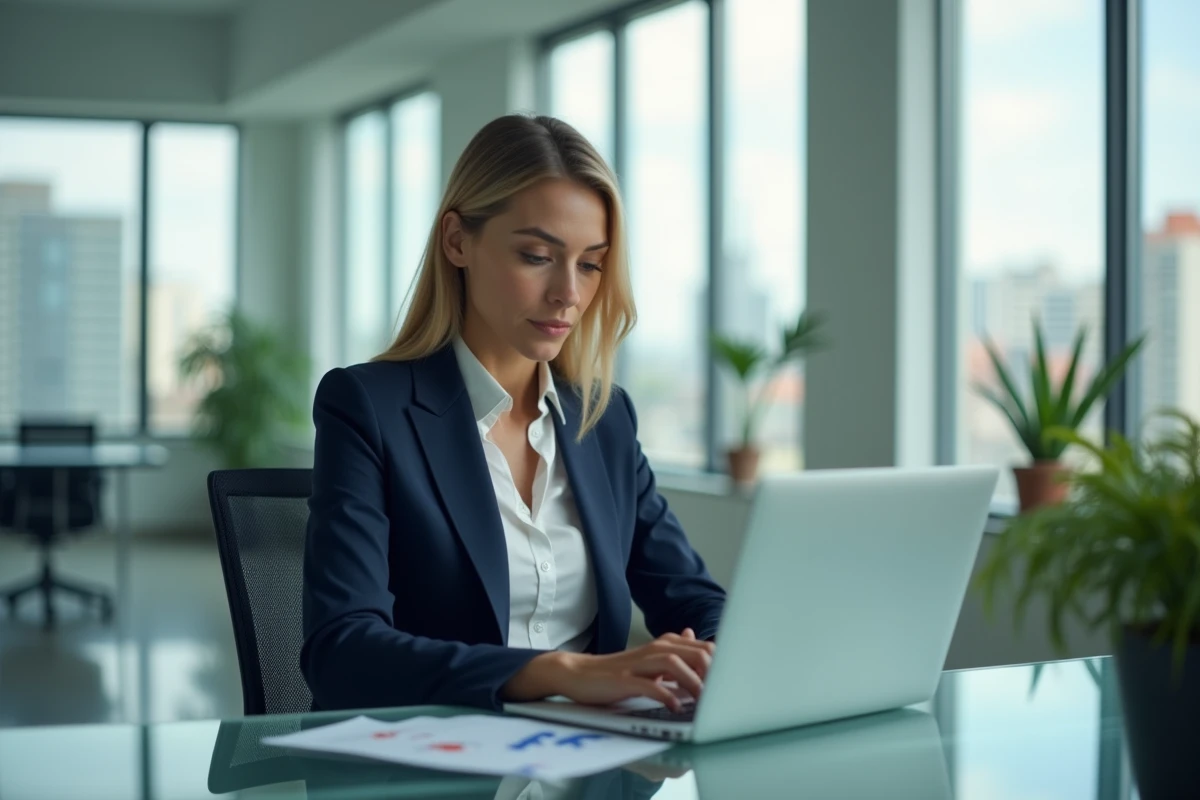 Femme d'affaires analysant des graphiques financiers dans un bureau moderne pour identifier les domaines les plus rentables