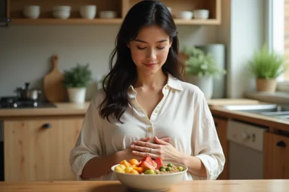 Femme pratiquant l'alimentation intuitive en écoutant les signaux de son corps à table