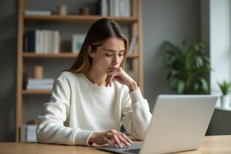 Femme analysant un texte généré par IA sur son ordinateur portable dans un bureau à domicile