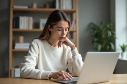 Femme analysant un texte généré par IA sur son ordinateur portable dans un bureau à domicile