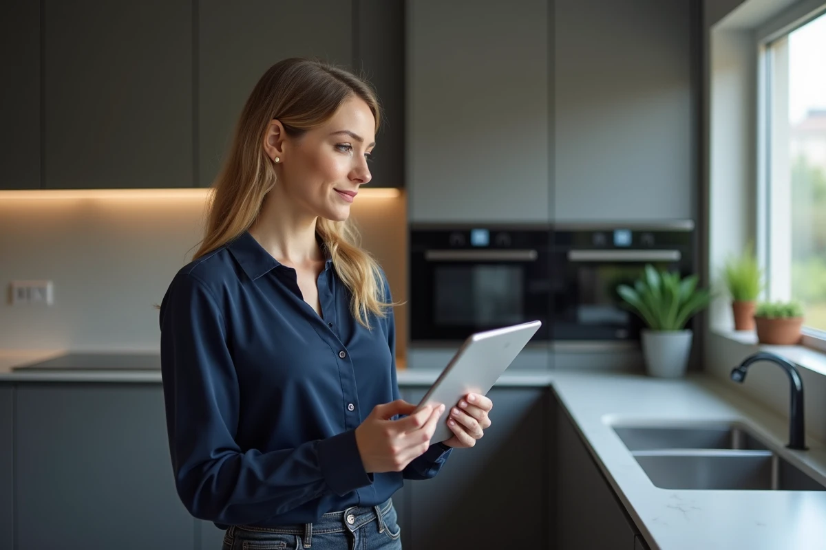 Femme consultant une application domotique sur tablette dans une cuisine connectée pour comparer les prix d'installation