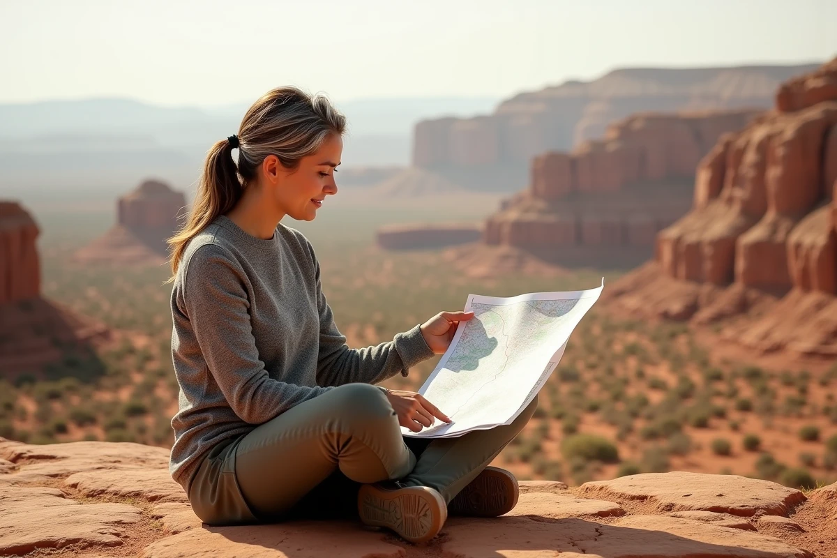 Femme aventurière lisant une carte topographique assise sur un plateau de grès dans un paysage désertique aride et immersif