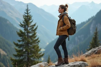 Femme aventurière debout sur une crête de montagne rocheuse, regardant un vaste paysage alpin avec confiance et sérénité