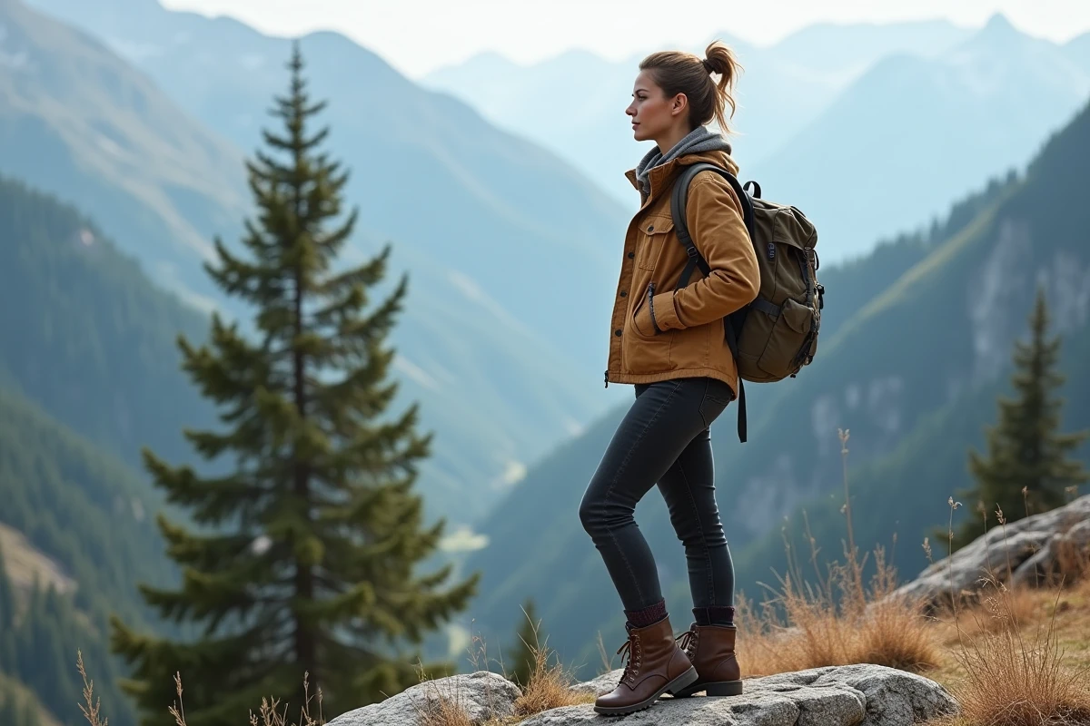 Femme aventurière debout sur une crête de montagne rocheuse, regardant un vaste paysage alpin avec confiance et sérénité
