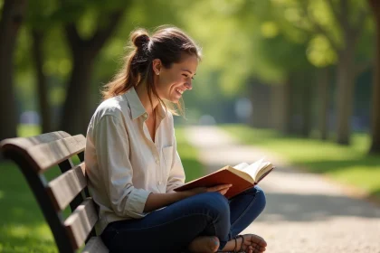 Femme souriante lisant un livre dans un parc verdoyant, illustrant les plaisirs simples de la vie féminine