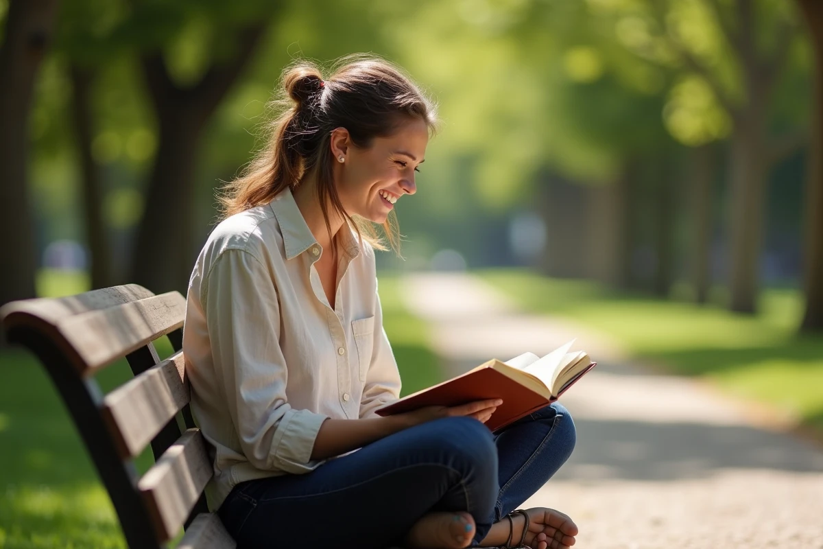 Femme souriante lisant un livre dans un parc verdoyant, illustrant les plaisirs simples de la vie féminine