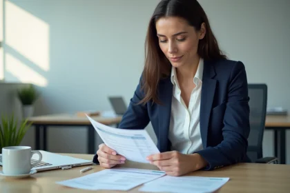 Femme cadre consultant sa fiche de paie dans un bureau moderne, illustrant le salaire net au SMIC en 2026
