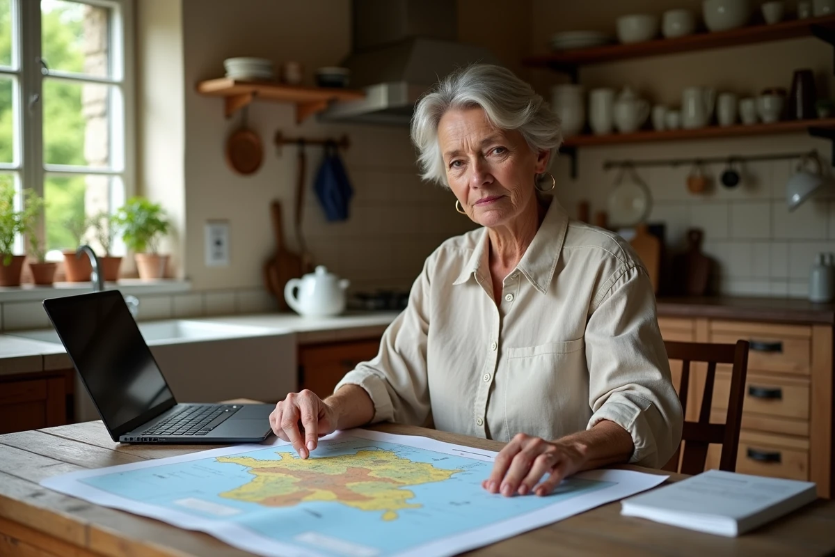 Femme consultant une carte de France pour comparer les prix immobiliers par département