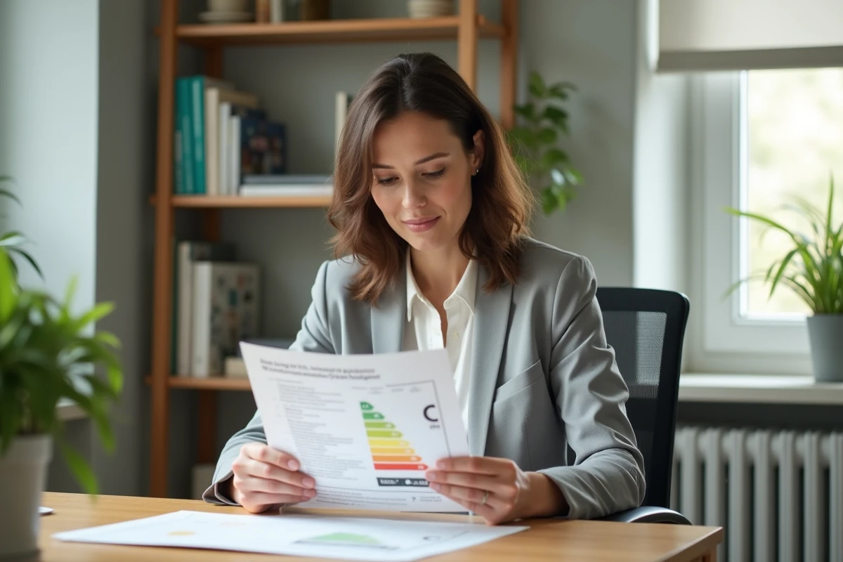Femme consultant un diagnostic de performance énergétique DPE à son bureau