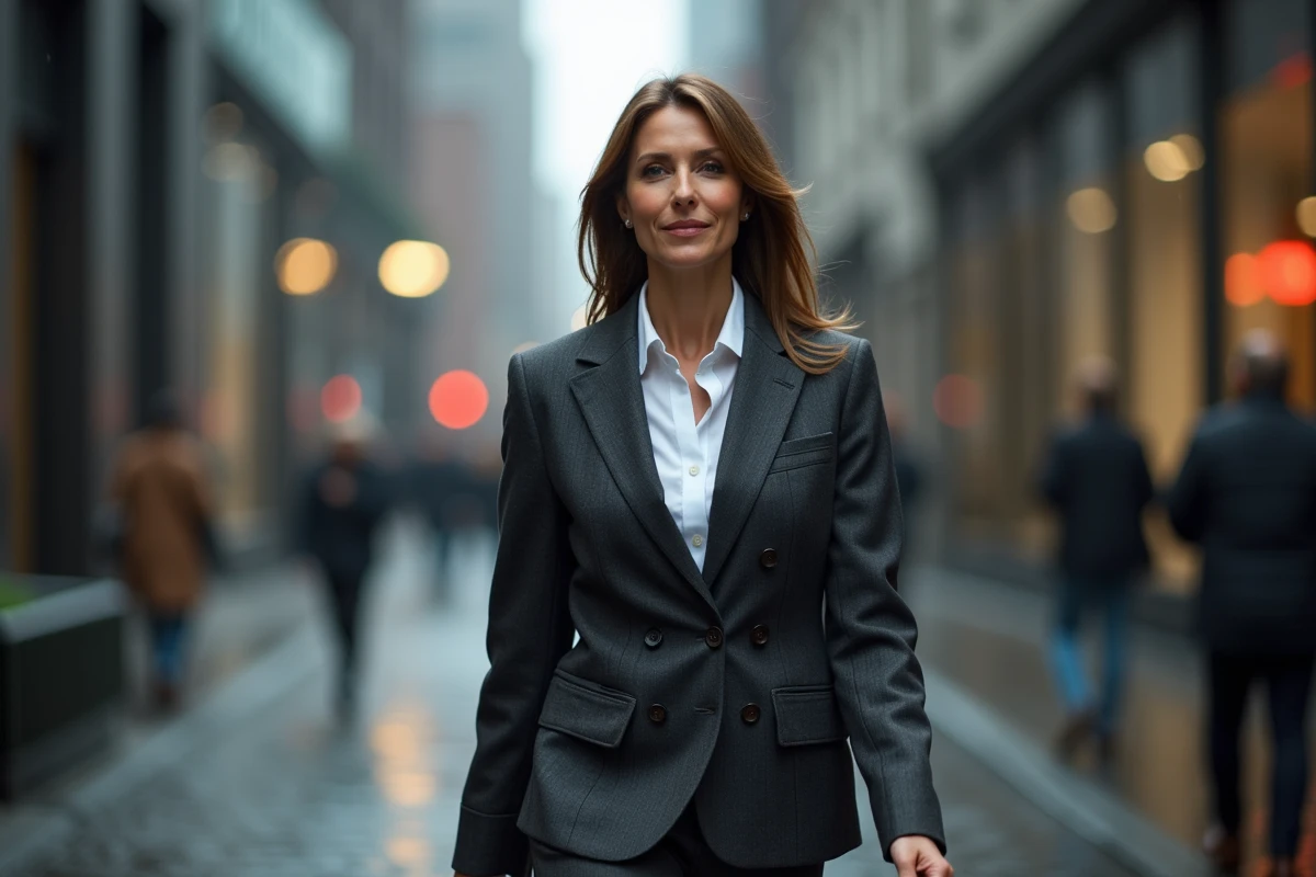 Femme en costume cravate marchant dans un quartier d'affaires sous la pluie, incarnant la puissance du vestiaire masculin au féminin
