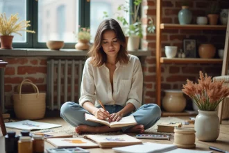 Femme artiste découvrant sa passion pour l'art dans un atelier créatif entouré de carnets de croquis et de peintures aquarelle