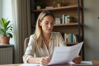Femme consultant des documents financiers pour placer 40 000 euros sur un livret épargne