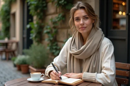 Femme écrivant un récit de voyage dans un journal en cuir à une table de café en Europe