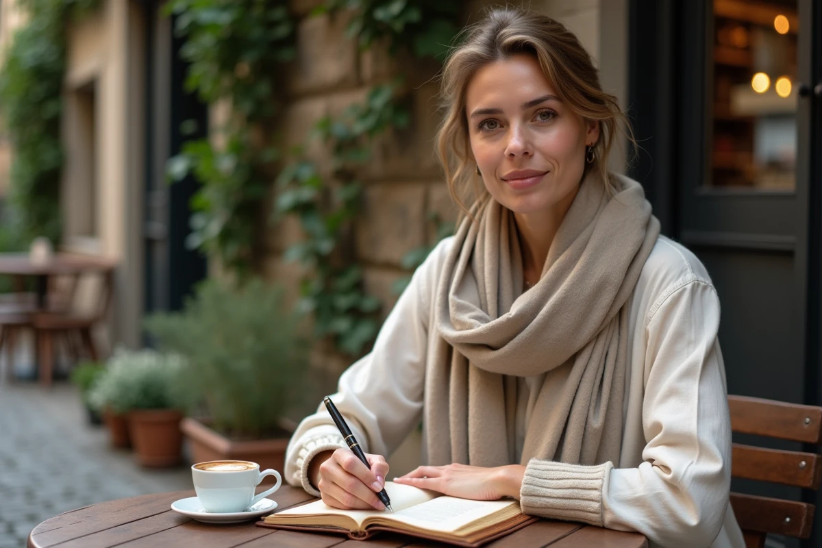 Femme écrivant un récit de voyage dans un journal en cuir à une table de café en Europe