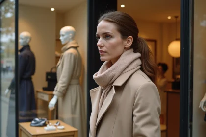 Femme élégante en trench-coat beige devant une boutique de mode parisienne sur un boulevard haussmannien en automne