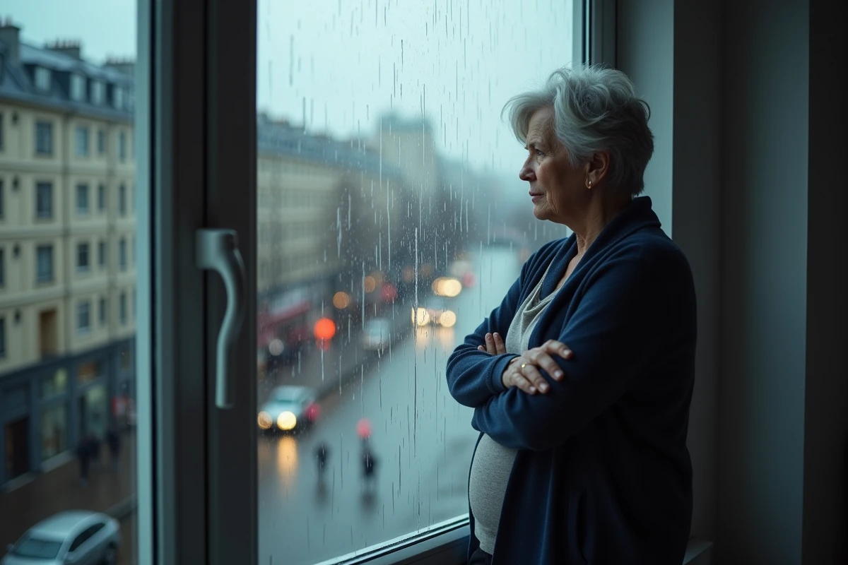Femme d'âge mûr debout près d'une fenêtre pluvieuse regardant la ville, exprimant la solitude et l'absence de vie sociale dans un contexte urbain