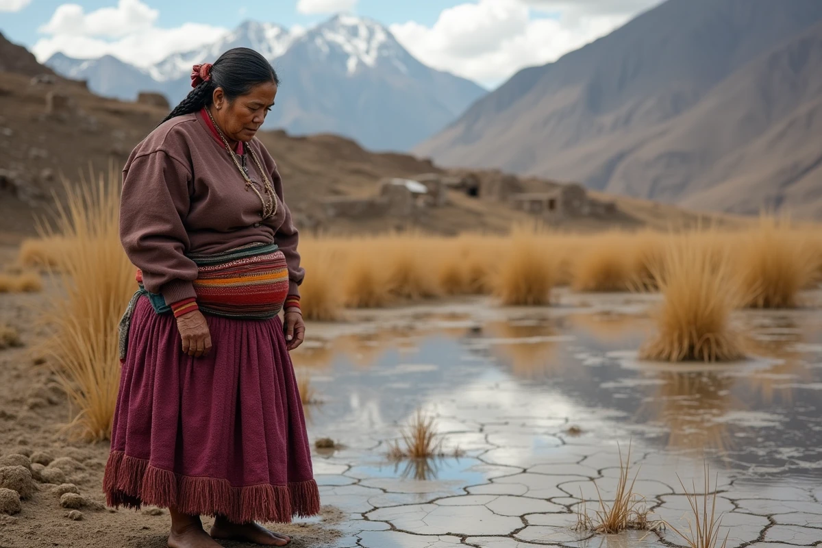 Femme indigène bolivienne debout au bord d'une zone humide desséchée dans les Andes, symbolisant l'impact humain et écologique de l'extraction du lithium sur les communautés locales et les écosystèmes fragiles.