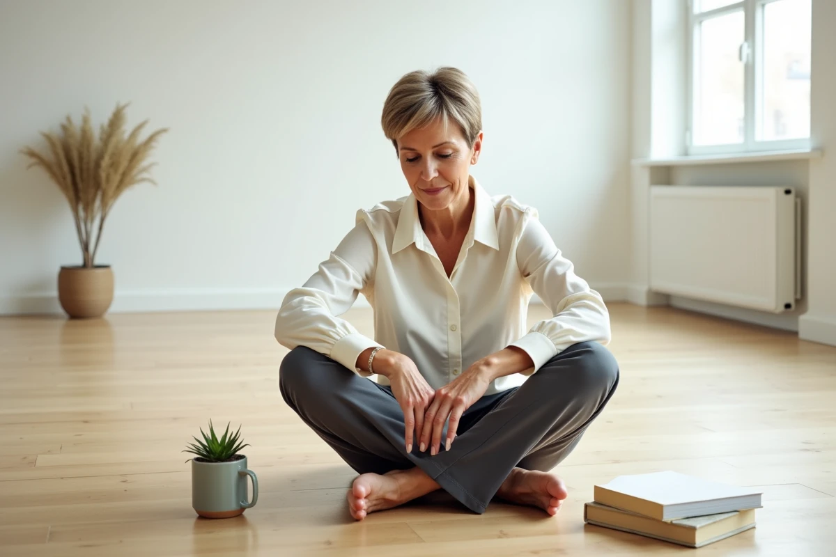 Femme assise sur un parquet dans un intérieur minimaliste vide avec quelques objets essentiels