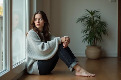 Femme assise seule sur un plancher en bois, genoux contre la poitrine, regard perdu dans le vide, illustrant le ressenti émotionnel d'un traumatisme psychologique
