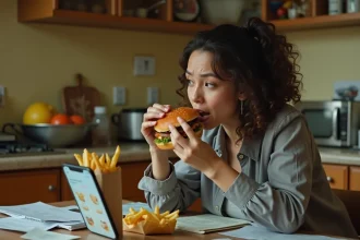 Femme fatiguée mangeant un repas fast-food seule dans sa cuisine encombrée, symbolisant la malbouffe et les mauvaises habitudes alimentaires modernes