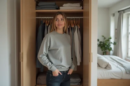 Femme portant la même tenue deux jours de suite devant son armoire ouverte dans une chambre minimaliste