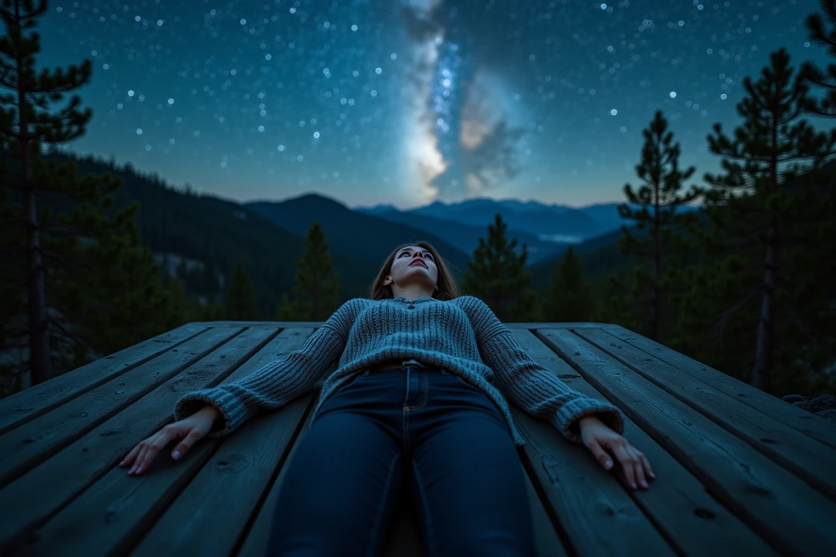 Femme allongée sur un observatoire en bois regardant le ciel étoilé, perspective inversée symbolisant l'absence de haut et de bas dans l'espace