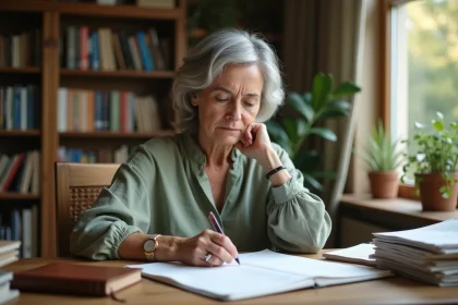 Femme mature organisant ses papiers importants avec une Bible ouverte sur un bureau en bois rangé