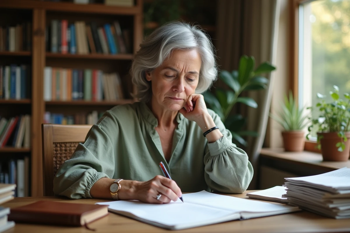 Femme mature organisant ses papiers importants avec une Bible ouverte sur un bureau en bois rangé