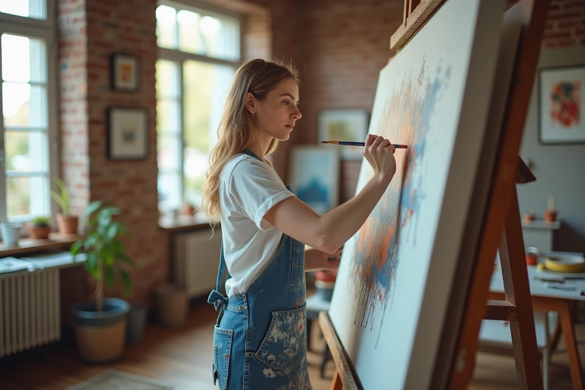 Femme passionnée par la peinture dans son atelier personnel, illustrant l'épanouissement créatif et les passions féminines