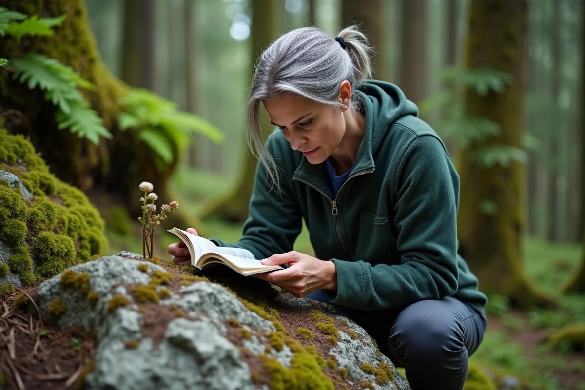 Femme en forêt explorant la botanique avec un guide de terrain symbolisant la découverte d'une passion pour la nature