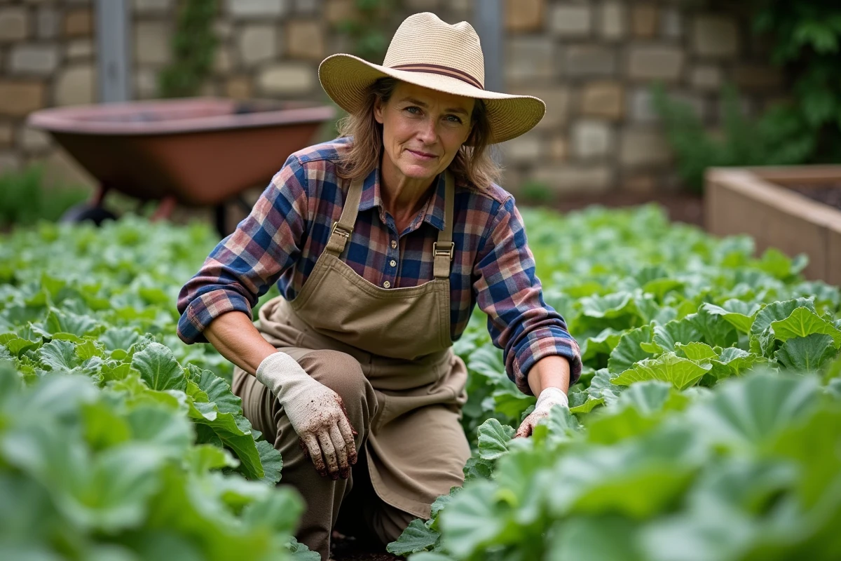 Femme paysanne inspectant des légumes dans un potager traditionnel français