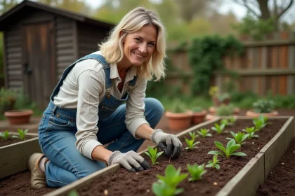 Femme jardinant en train de planter des semis dans un potager surélevé au printemps