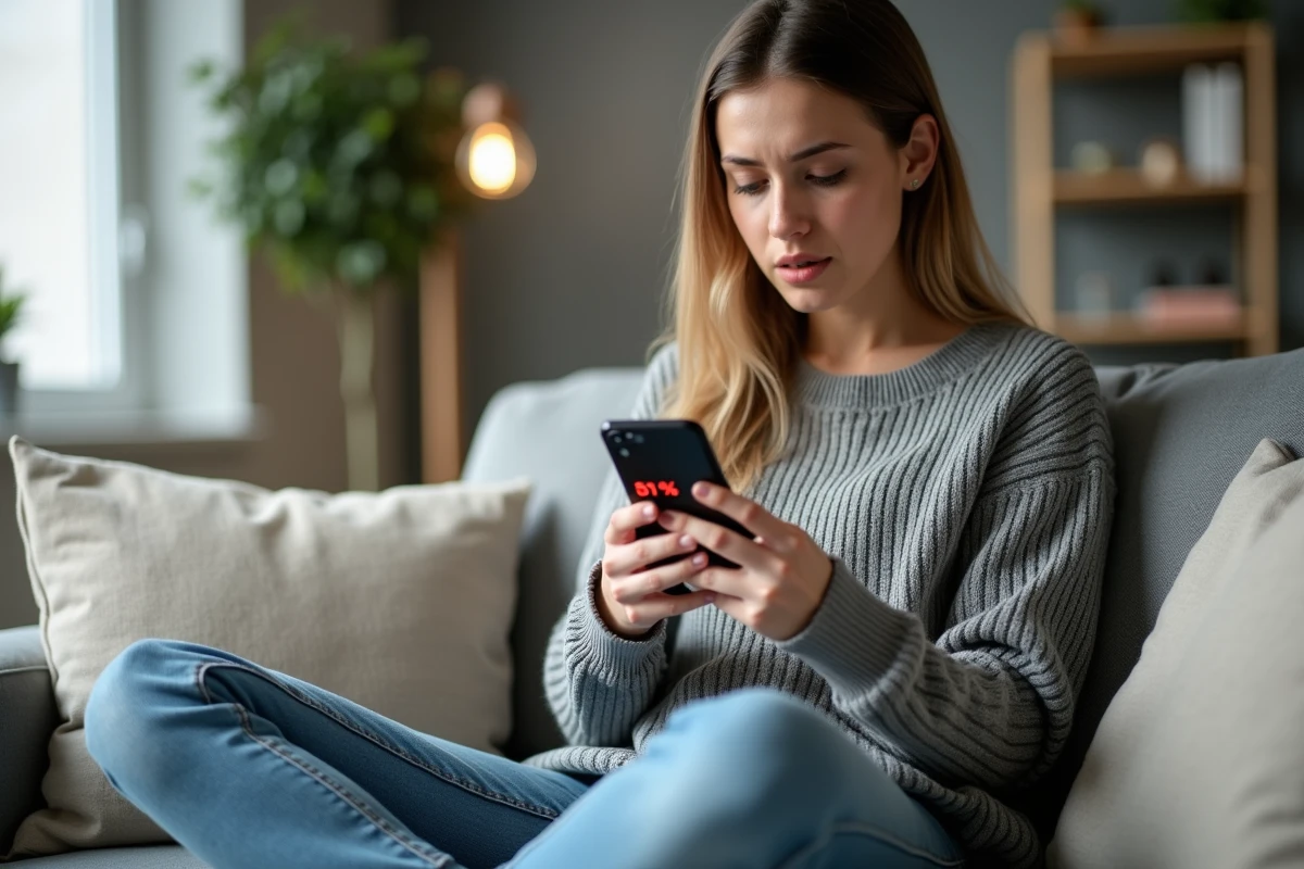 Jeune femme inquiète consultant son portefeuille de cryptomonnaies en perte sur son smartphone dans un salon moderne