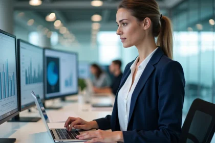Femme professionnelle utilisant un ordinateur portable dans un open space moderne, illustrant l'importance du numérique en entreprise