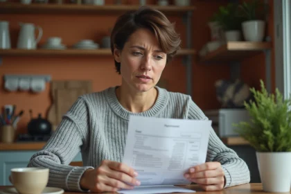 Femme consultant un relevé de compte Livret A à la maison, expression préoccupée face à l'inflation et la perte de pouvoir d'achat de son épargne