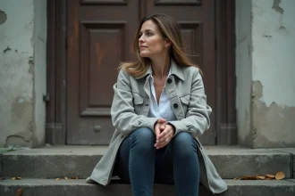 Femme résiliente assise sur des marches en pierre usée en milieu urbain, regard déterminé illustrant la psychologie de la résilience