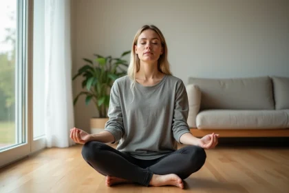 Femme pratiquant la respiration consciente en position assise sur un parquet en bois dans un intérieur minimaliste