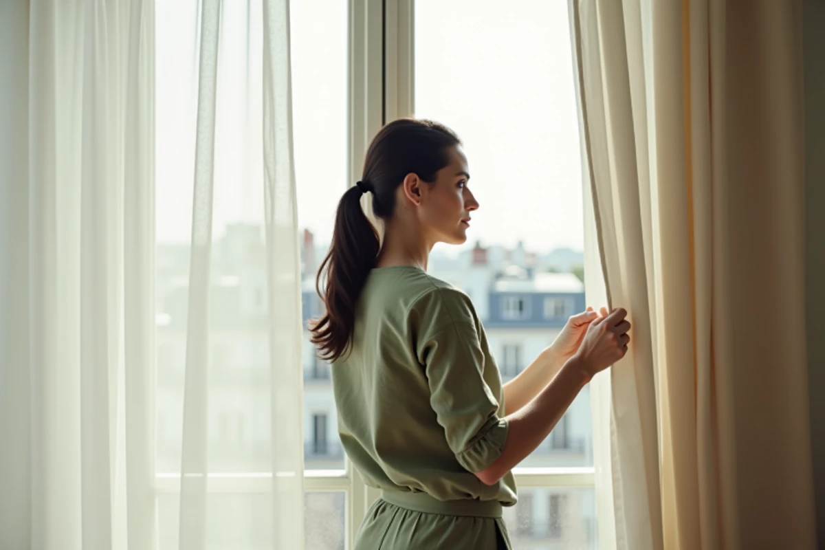 Femme installant un rideau voile ivoire tendance dans un appartement parisien minimaliste