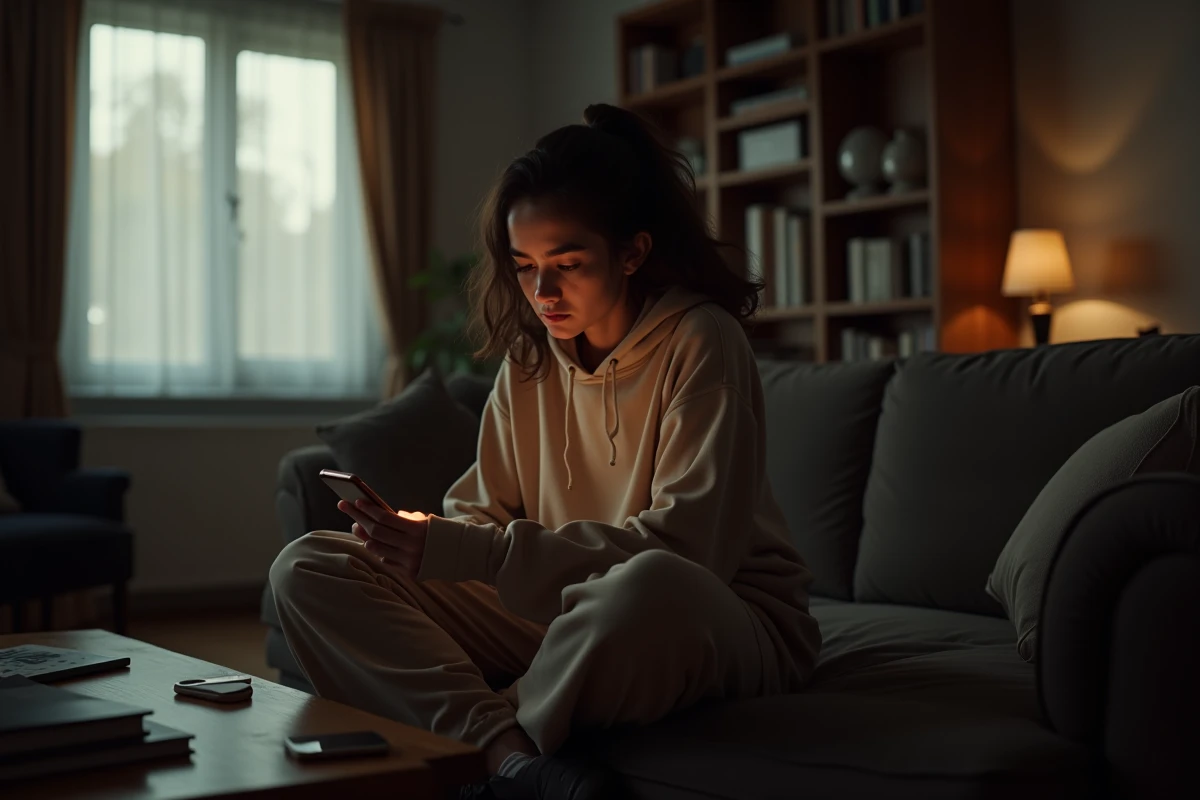 Jeune femme seule sur un canapé consultant son téléphone avec une expression vide, symbolisant le manque de vie sociale et l'isolement numérique