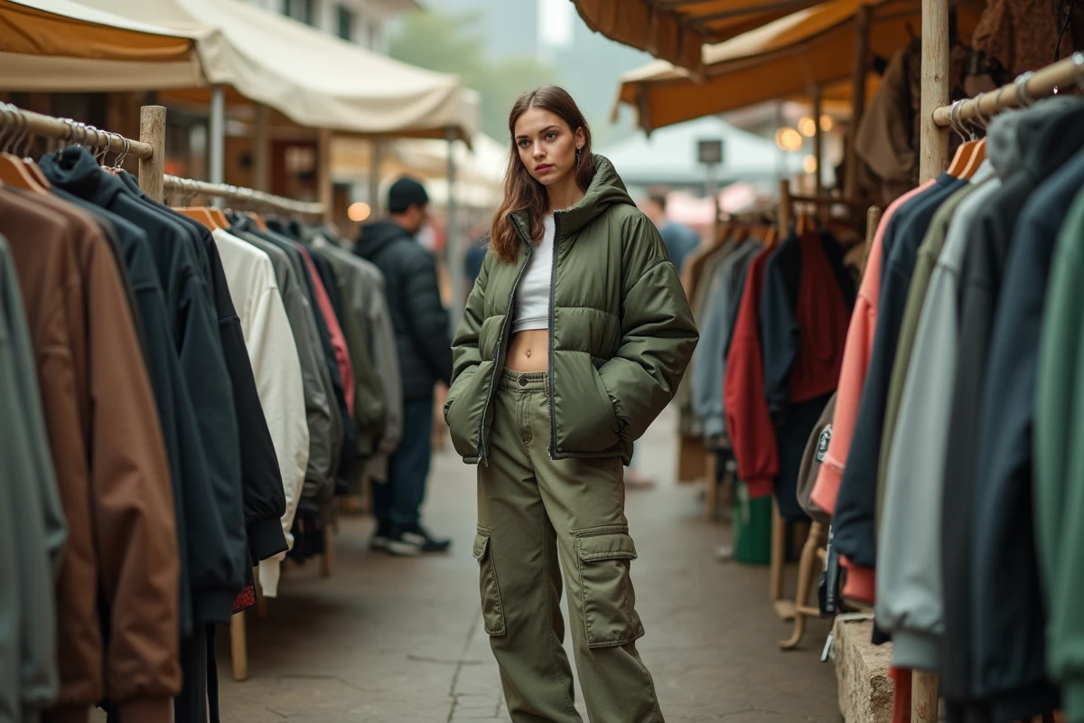 Jeune femme en veste puffer verte et cargo pants feuilletant des vêtements streetwear vintage dans un marché urbain