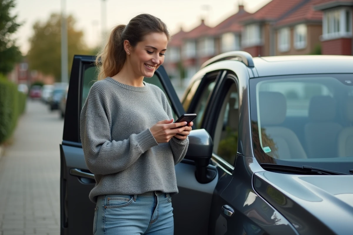 Femme satisfaite à côté de son SUV familial fiable dans un parking résidentiel