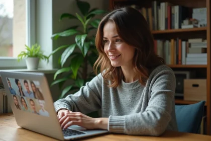 Femme en télétravail participant à une réunion vidéo depuis son bureau à domicile