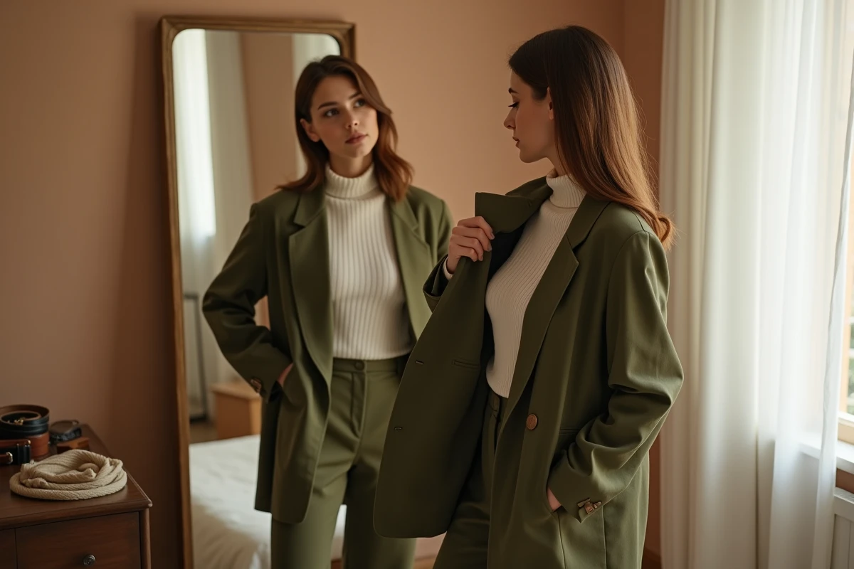 Femme tenant une veste verte devant un miroir dans une chambre contemporaine, questionnant la veste comme accessoire ou vêtement principal
