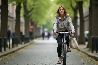 Femme à vélo en ville sur un chemin pavé arboré, illustrant les mobilités douces en milieu urbain