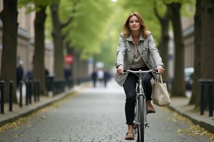 Femme à vélo en ville sur un chemin pavé arboré, illustrant les mobilités douces en milieu urbain