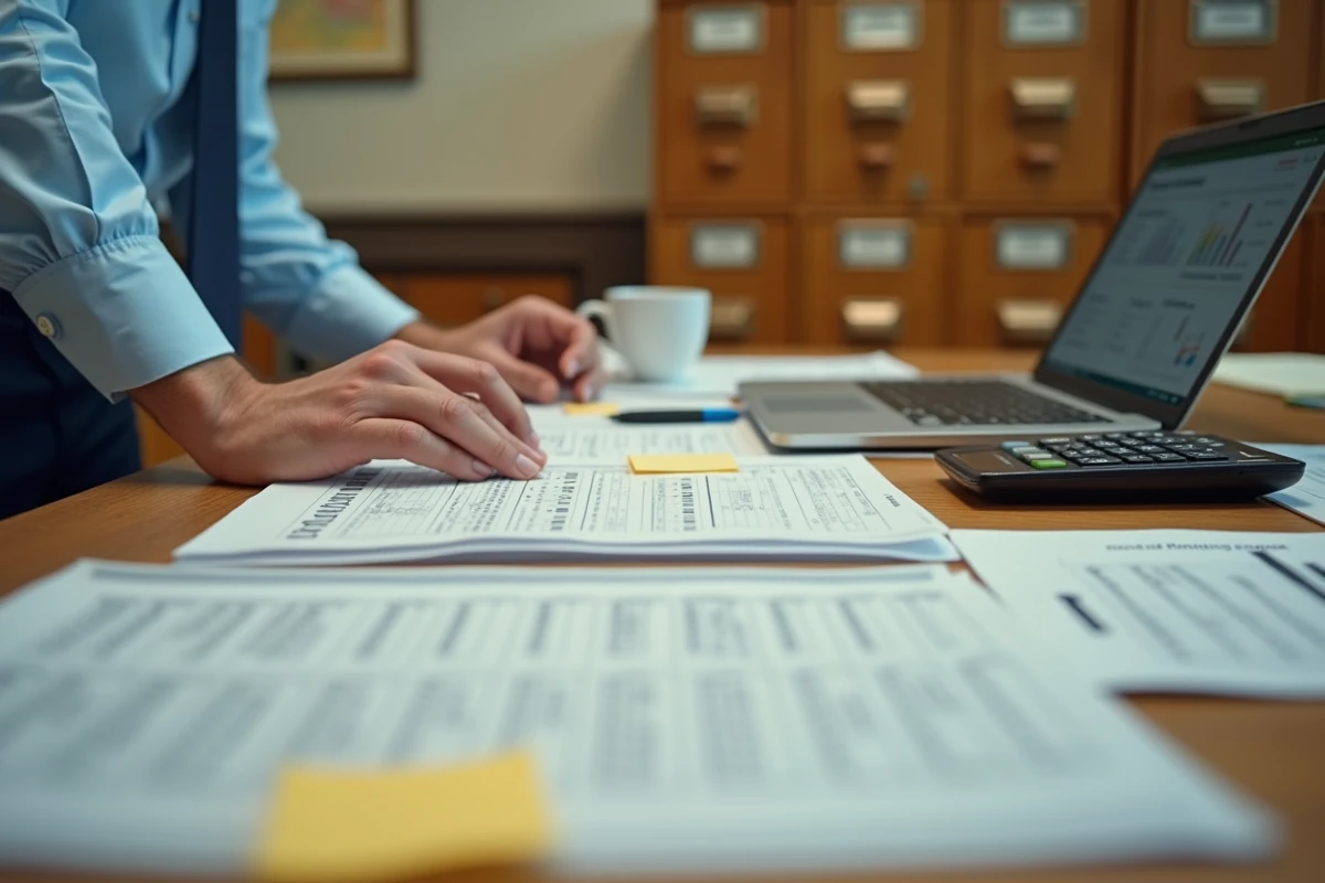 Fonctionnaire travaillant sur les tableaux fiscaux et les documents du budget 2026 à son bureau