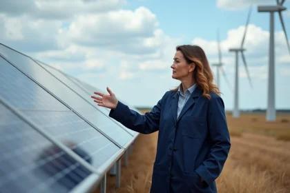 Ingénieure devant des panneaux solaires et des éoliennes illustrant les formes d'énergie renouvelable